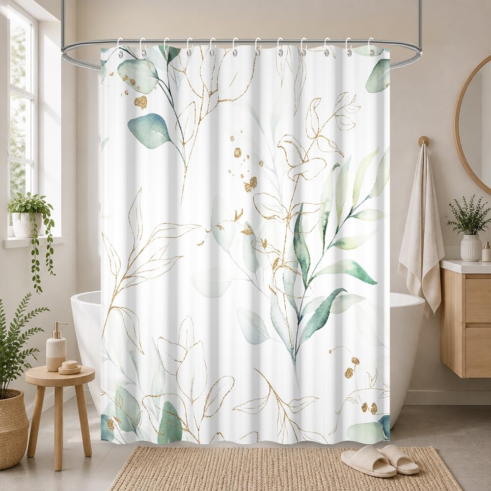 Uiiooazy Eucalyptus Shower Curtain, Sage Green Gold Leaves Pattern Bath Curtain Mildew and Mould Resistant Waterproof Polyester Fabric Washable