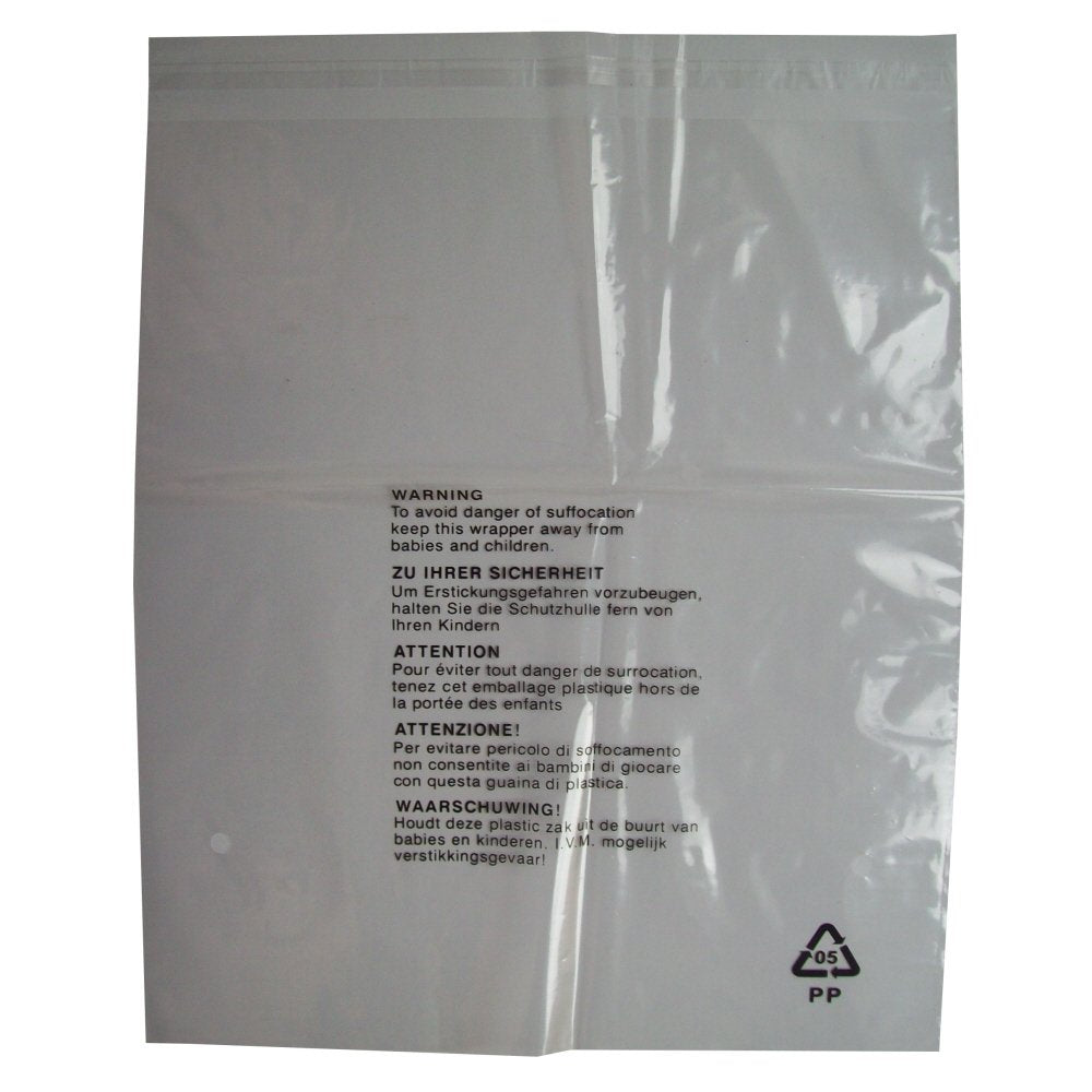 100 CLEAR TRANSPARENT PLASTIC GARMENT CLOTHING RETAIL PACKAGING BAGS + SAFETY WARNING LARGE SIZE 14x17" 350x425mm 38mu PEEL & SEAL SEE THROUGH