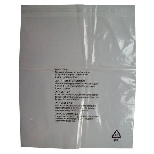 100 CLEAR TRANSPARENT PLASTIC GARMENT CLOTHING RETAIL PACKAGING BAGS + SAFETY WARNING LARGE SIZE 14x17" 350x425mm 38mu PEEL & SEAL SEE THROUGH