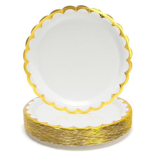 PARTY GO 50Pcs White Paper Plates 9" 23cm Gold Foil Scalloped Party Plates Set for Dinner and Dessert Great for Birthday Parties, Holidays, Weddings,