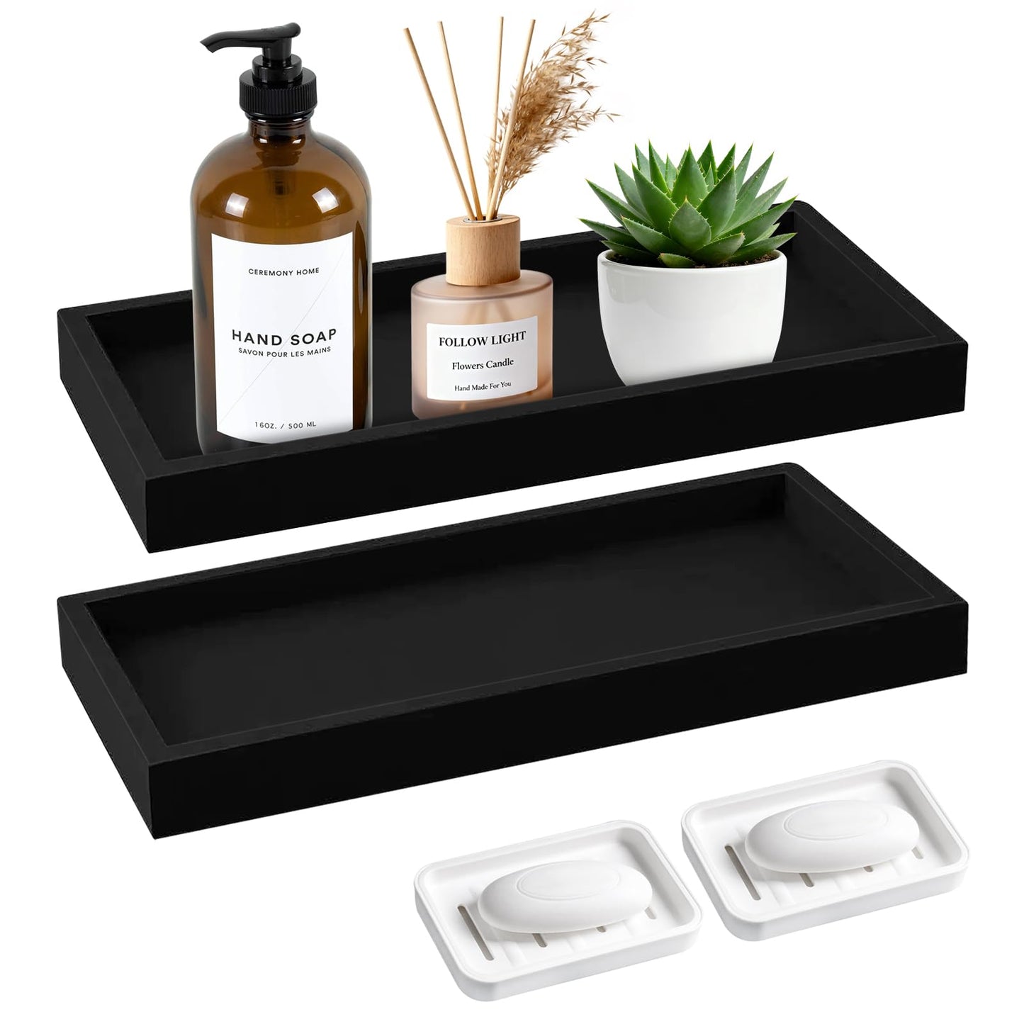 2 Pcs Bathroom Vanity Tray with 2 Soap Tray, 20 × 10 cm Black Rectangular Silicone Decorative Tray for Storage Perfume, Candles, Soap, Dressing