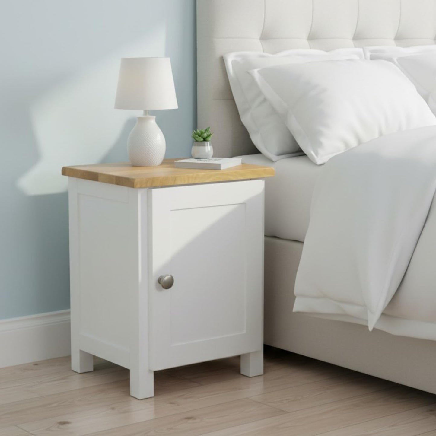 GROF GROFurniture Bedside Table with 1 Door Small Cabinet, Solid Wooden Side End Bedside Cabinet with Oak Top, Narrow Bedside