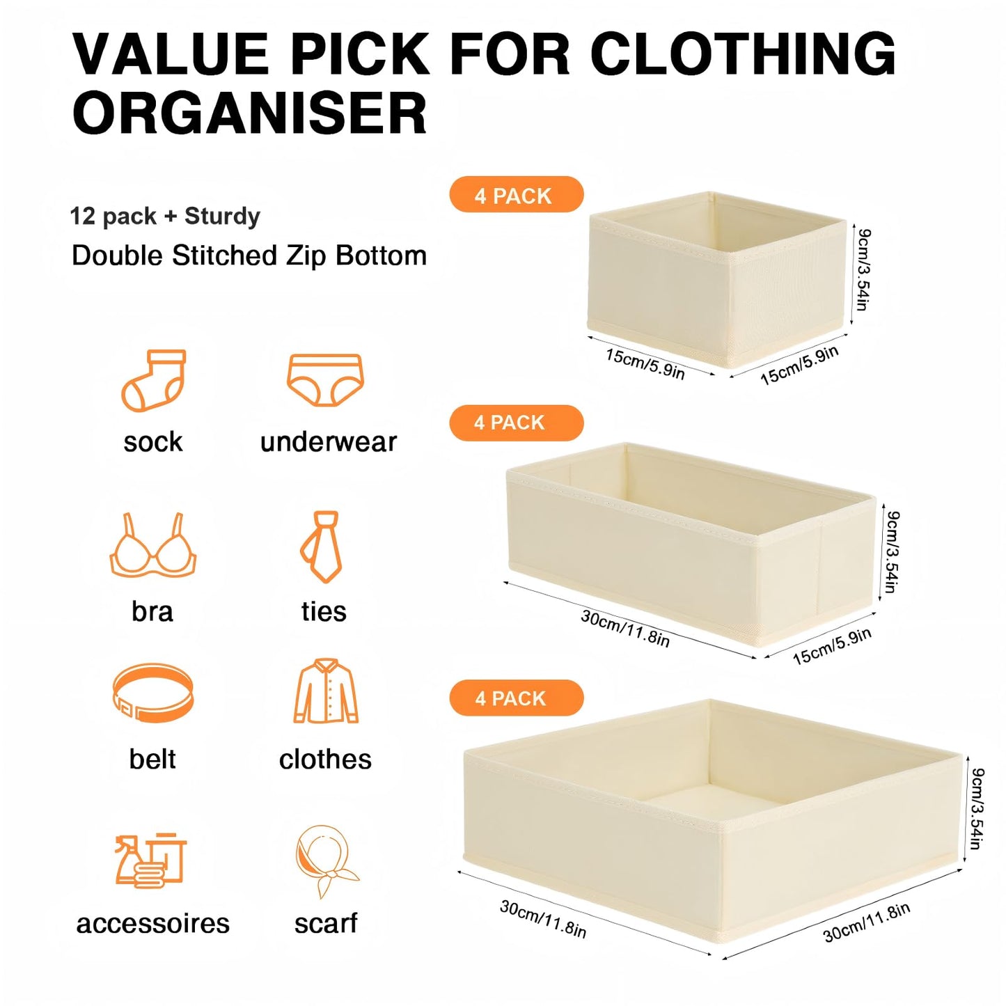 Homsorout 12 Pack Drawer Organisers Foldable Box - Fabric Drawer Dividers Wardrobe Storage Organiser Draw Cubes for Bras, Socks, Underwear, Ties