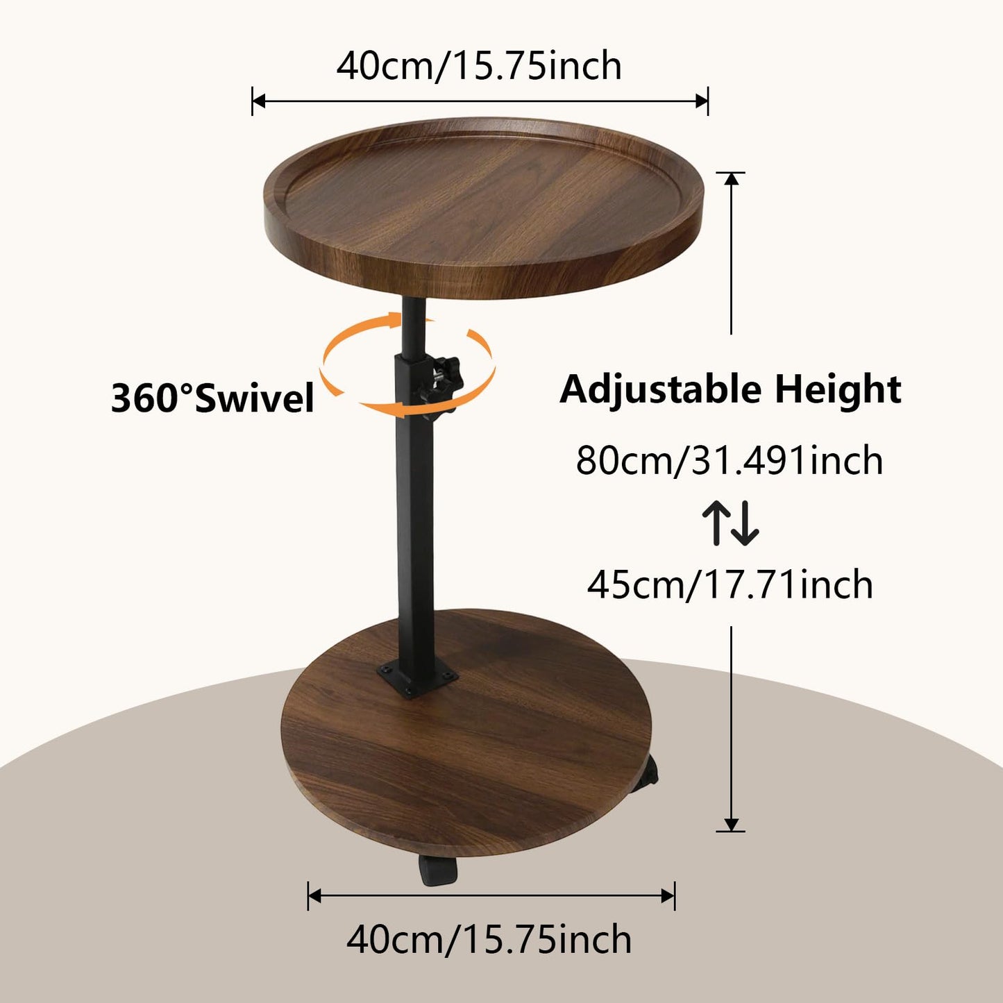 OUAYEMEL Side Table Adjustable Height, 360°Swivel End/Bedside Tables with Wheels for Sofa Bedroom Office Living Room, Coffee Tables for Small Spaces