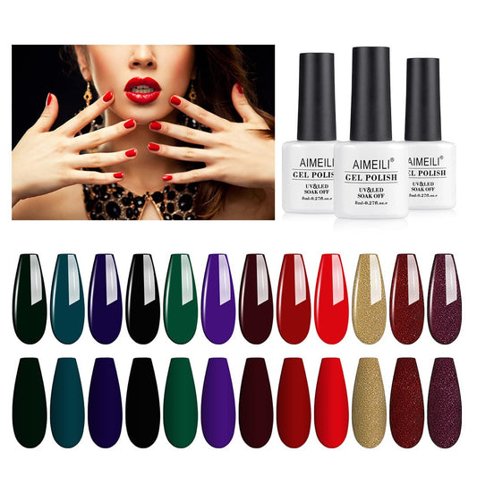 AIMEILI Gel Nail Polish Set, 8ml 12 Colours Soak Off UV LED Gel Nail Polishes Nail Art Gel Polish Gift Kit 5