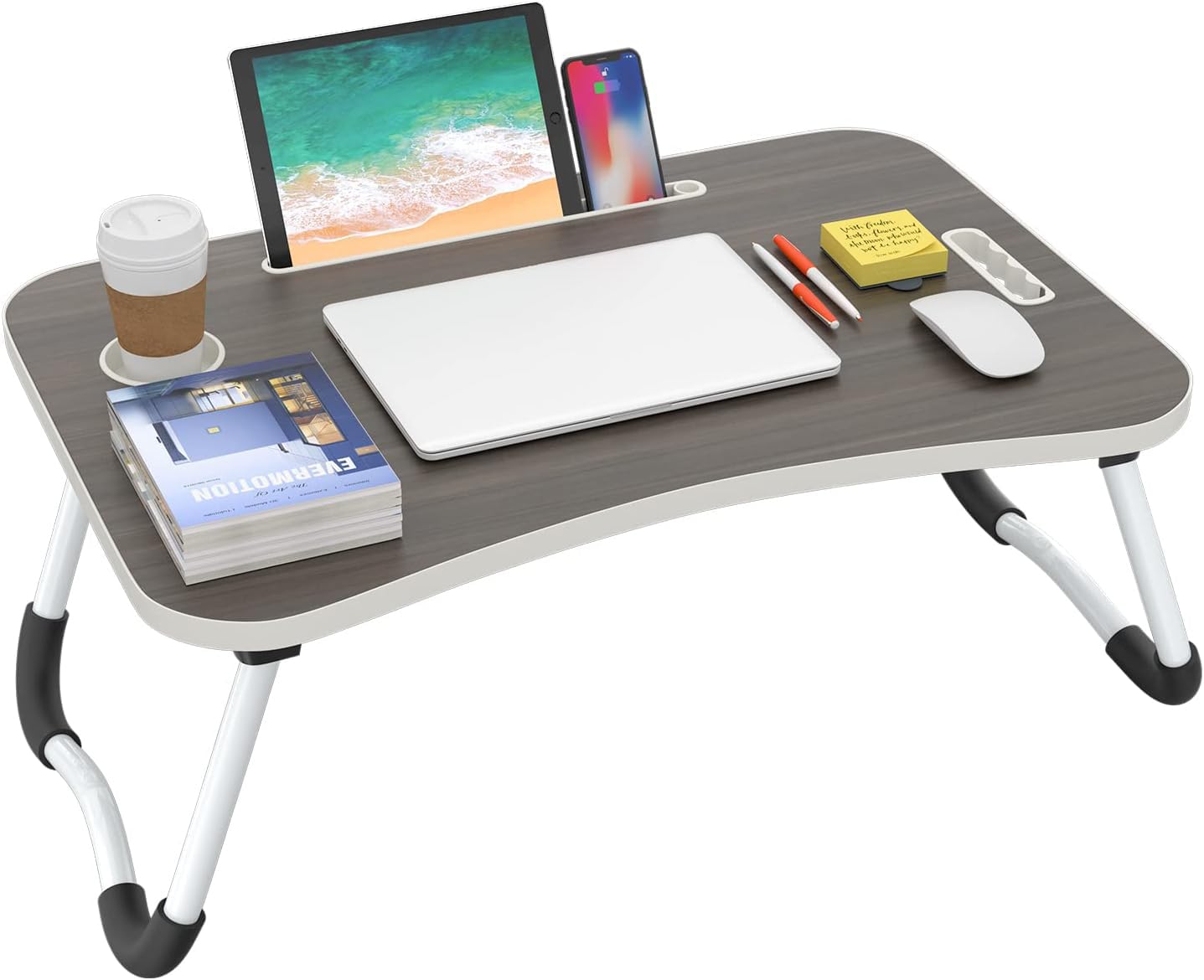 GnohGnoh Folding Lap Desk, 23 Inch Portable Wood Deep Black Laptop Bed Desk Lap Desk with Cup Holder, for Working Reading Writing, Eating