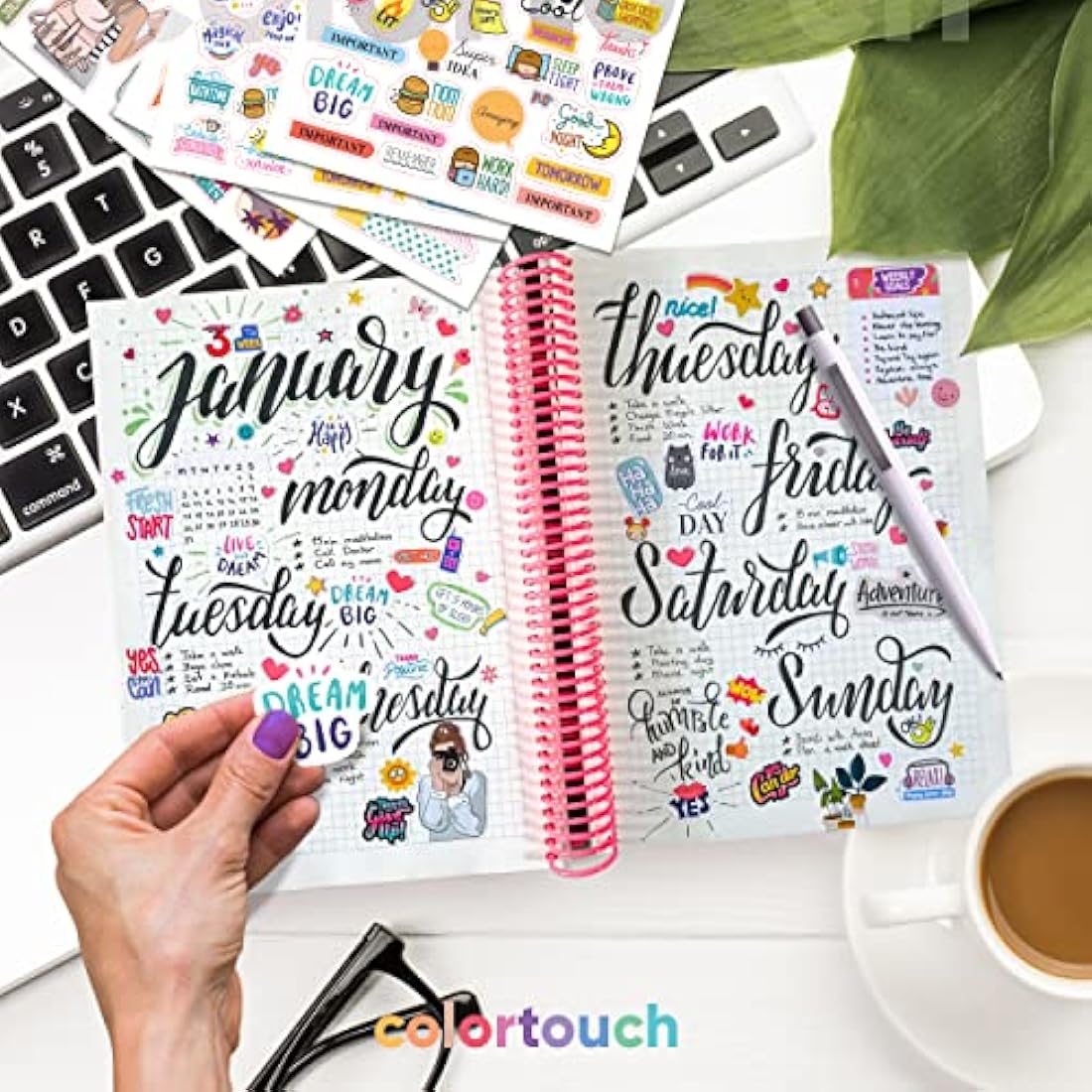 colortouch Sticker Set - 2500+ Pcs Monthly, Weekly, Daily Stickers - 32 Sheets Journal Sitckers Album for Planner, Organizer, Calendar, Album, Journal, Daily, Notebook, Bullet Journal, Homework