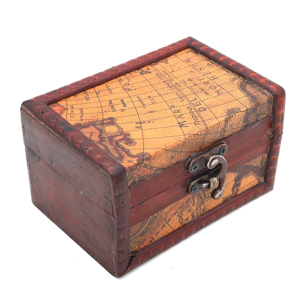 POFET Vintage Metal Lock Wooden Storage Box Jewelry Treasure Organizer Chest Case Gift Box - Map