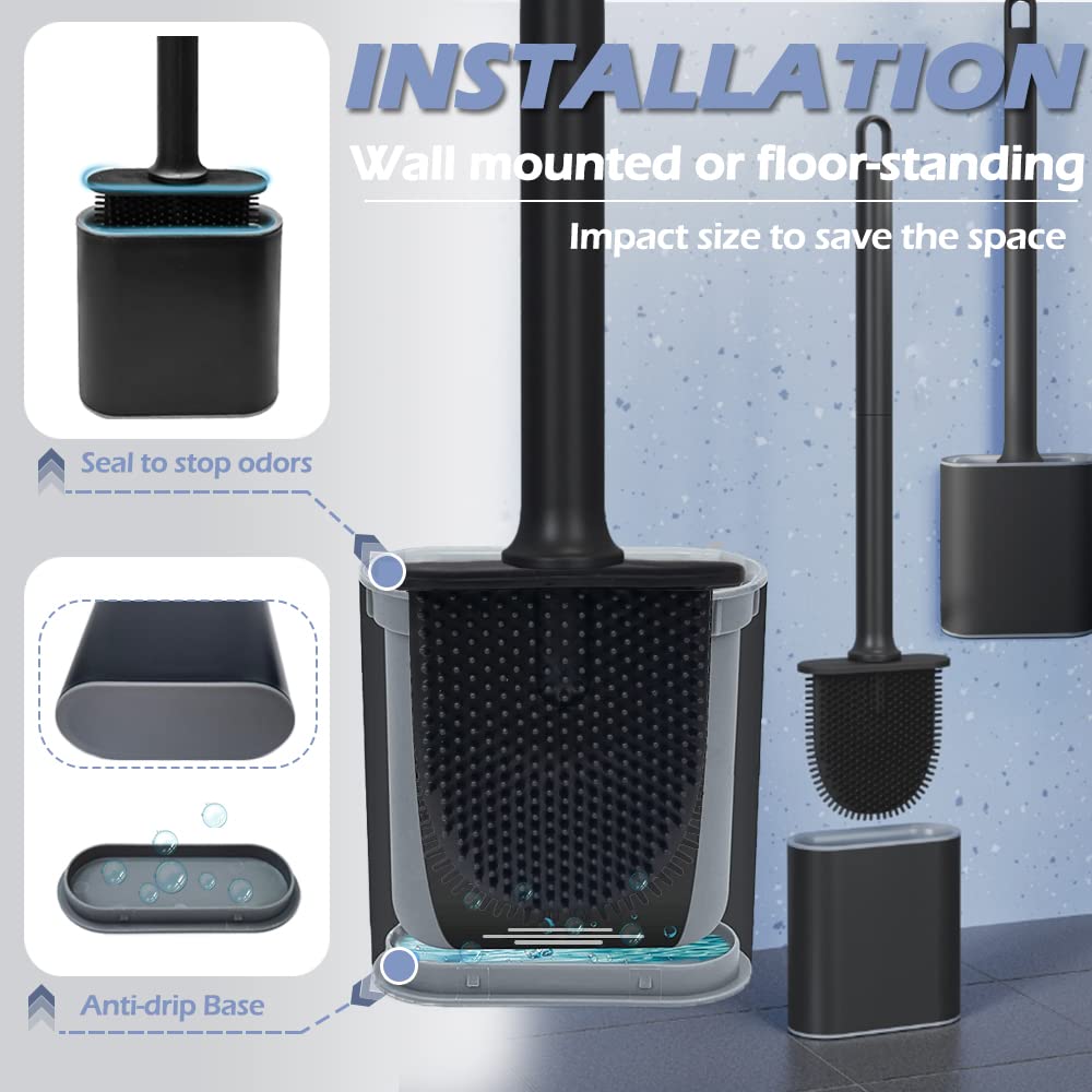 Athyior Silicone Toilet Brush with Holder Set - Flexible Bristles Toilet Brush Bendable Quick Drying Flooring Wall Mounted Long Handle Hygienic Deep