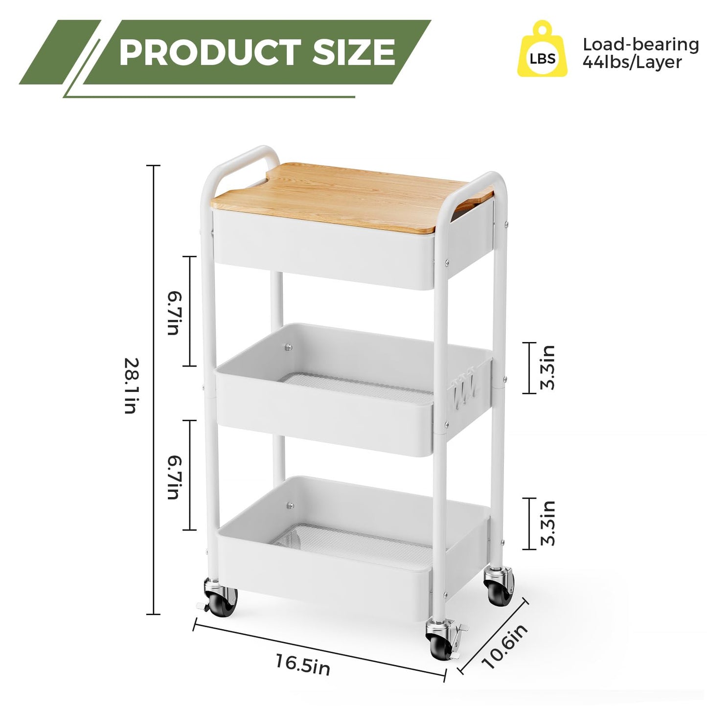 Shrivee 3-Tier Rolling Cart with Table Top, Serving Trolley, Metal Rolling Utility Trolley, Shelf on Wheels, Shelf, Organiser, Kitchen Shelf