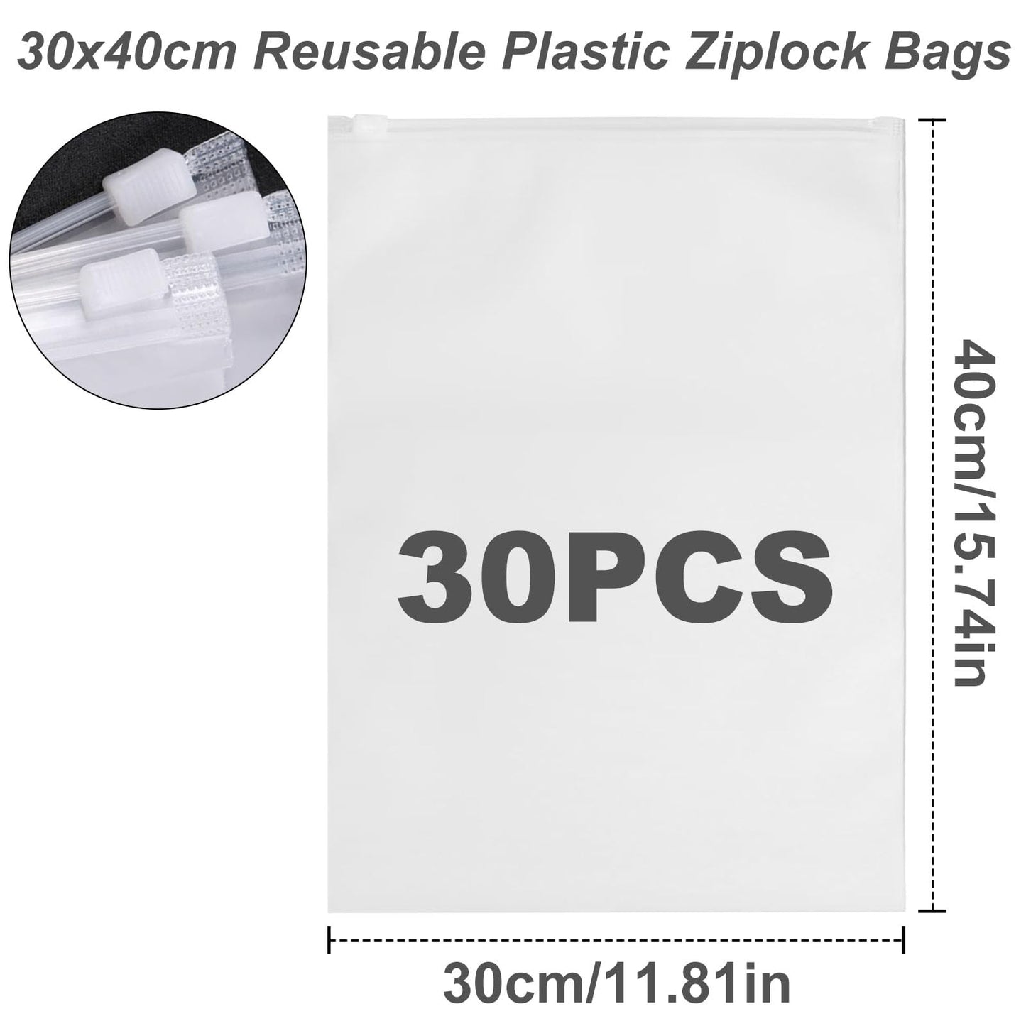 X-YSUNEAS 30 Pack Frosted Zipper Bags 40x30cm, Translucent Waterproof Storage Bags, Reusable Travel Organizer Pouches for Underwear, Towels, Shoes