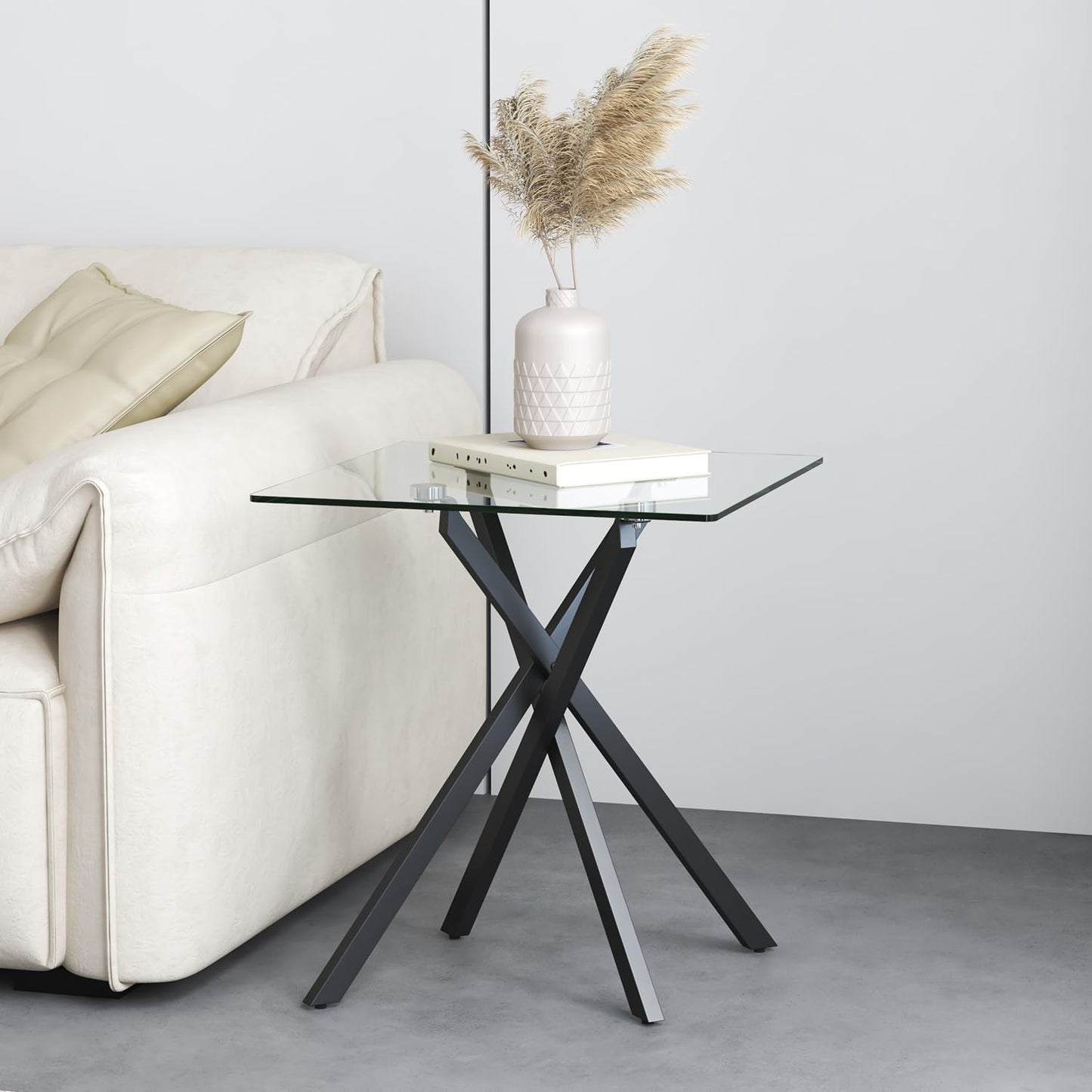 GOLDFAN Glass Side Table High Gloss Small Square End Table with Tempered Glass Top and Metal Tubular Legs, Modern Table for Office and Small Space