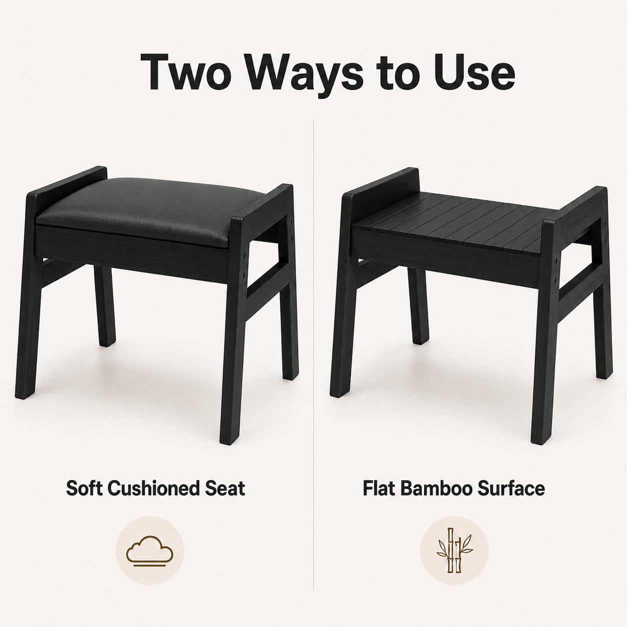 BAMBOOHOMIE Foot Stool Ottoman, Modern Vanity Stool Chair for Makeup with Removable Cushion & Side Handles