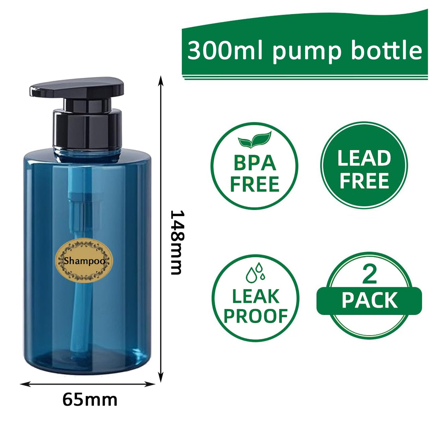 Apstaqeoo 2Pcs 300ml/10oz Empty Pump Bottle Dispensers - Refillable Plastic Shampoo Bottle Hand & Dish Soap Dispenser with pump