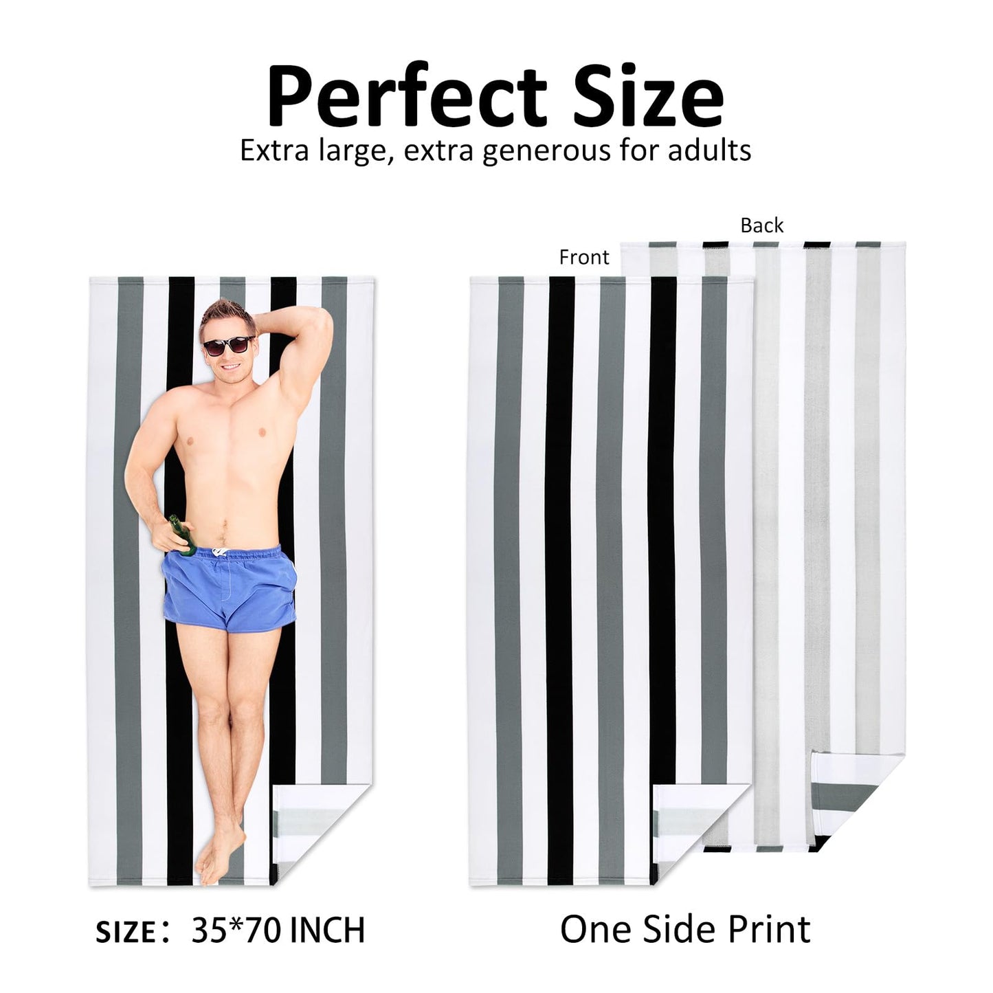 Ouxiaobai Large Oversized Beach Towel - Microfiber Sand Free 35 x 70 Inch Quick Dry Lightweight Pool Towel for Adults, Thin Striped Swim Towel (Black)
