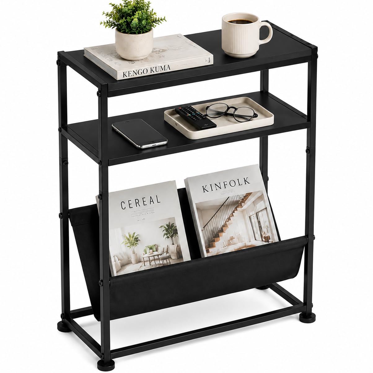 ZEXVIDA Small End Table for Small Spaces - Slim Side Table with Magazine Holder,2 in 1 Design Narrow End Table Living Room,Skinny Bedroom Nightstand