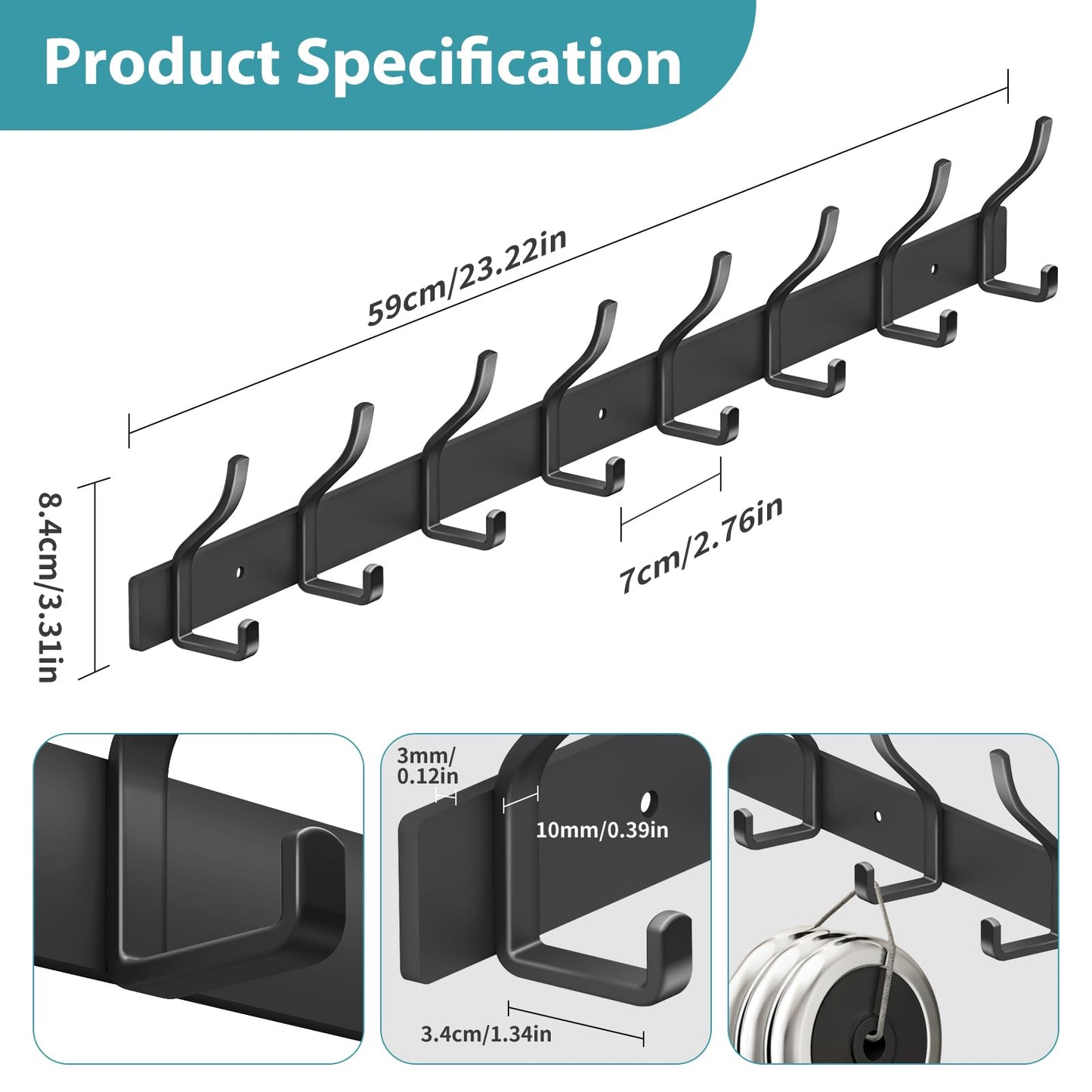 MEIJO Coat Hooks Wall Mounted Stainless Steel, Black Coat Rack Wall Mounted with 8 Hooks Heavy Duty Coat Hooks for Door, Bathroom, Bedroom, Kitchen