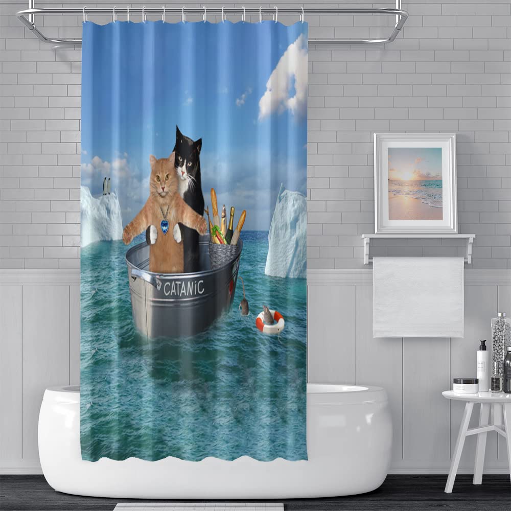 SDOTPMT 122x183cm Cute Cat Shower Curtain Funny Pet Kitty Couple Cosplay Boat South Pole Penguin Bath Curtain Blue Ocean Bathtub Curtain for Kids