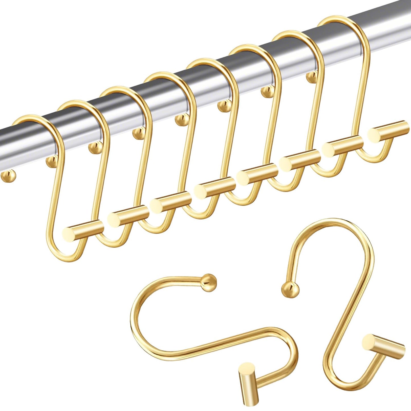 AURIVISTA 12 Pack Shower Curtain Hooks, Rust Proof T-Bar Rings, Gold