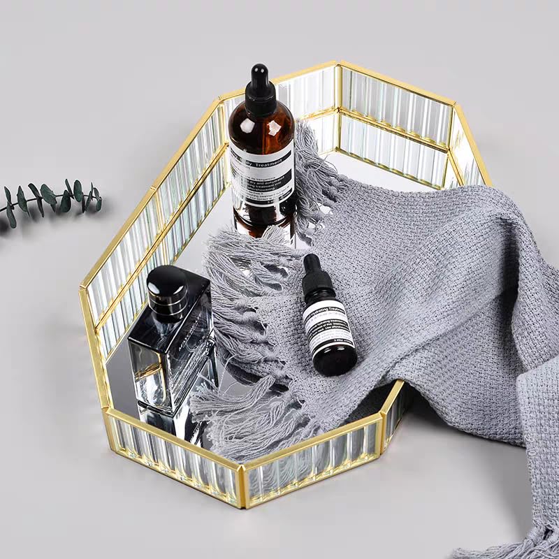 SLHEQING Mirror Tray Gold Vintage Perfume Tray Makeup Jewelry Organizer, Glass Vanity Tray Metal Polygon Tray
