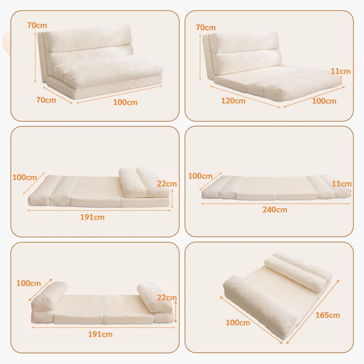MAXYOYO Bean Bag Bed Folding Sofa Bed Mattress for Adults, Extra Thick 6 Fold Floor Couch for Bedroom Living Room, Beige, 100x240 cm