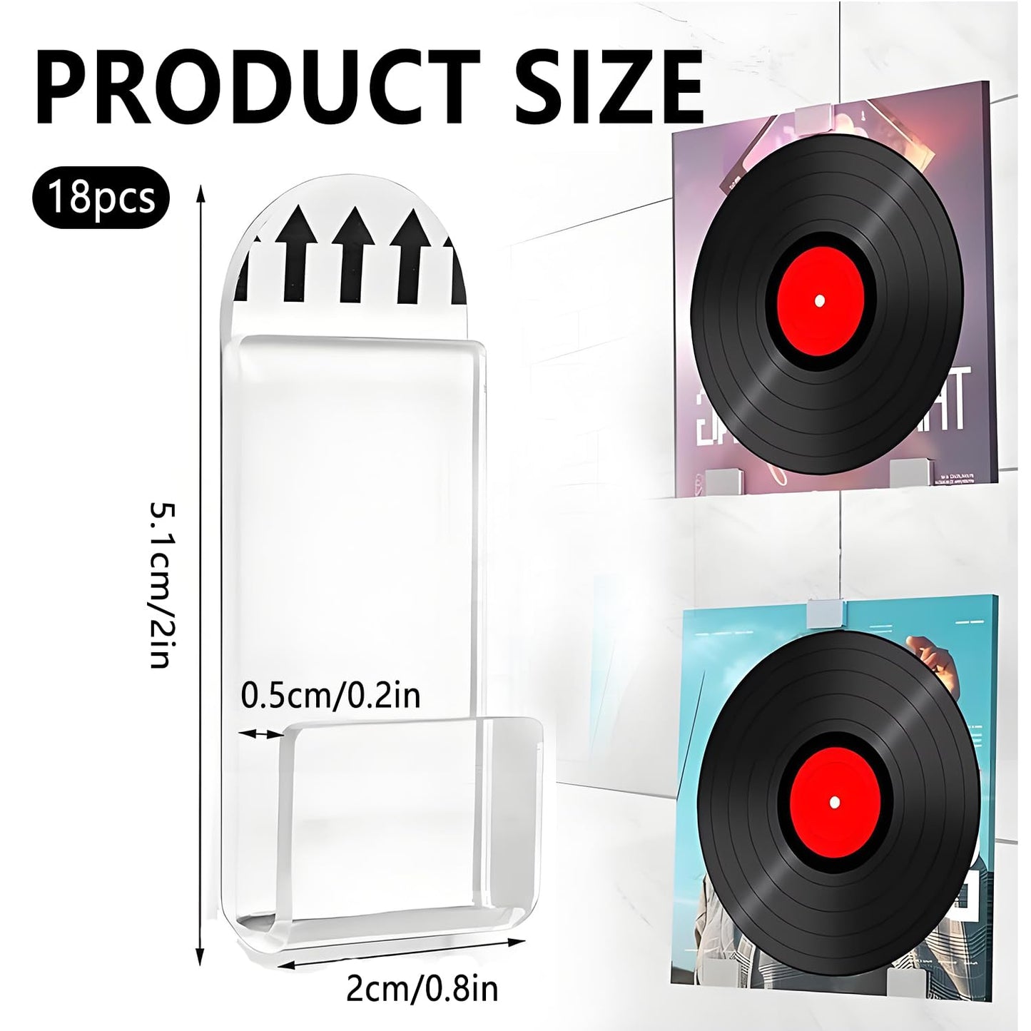 18Pcs Vinyl Record Wall Mount Display, Clear Acrylic Self-Adhesive No-Drill Music Album Cover Holder