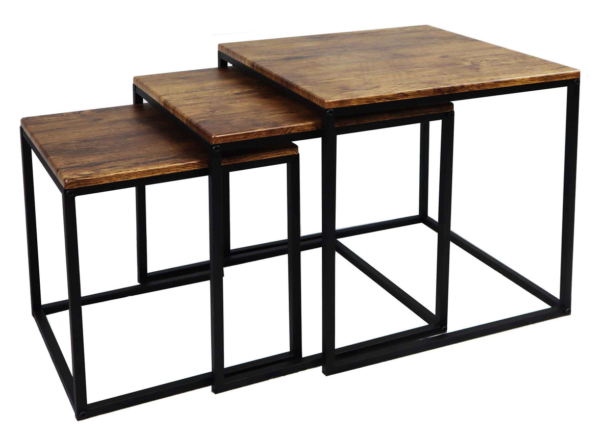 ASPECT Alana Set of 3 Nesting Table-Vintage Wooden Tops/Steel Black Legs, 40x40x42 cm
