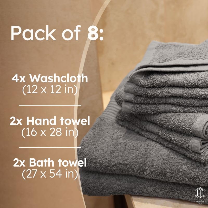 HomeBurg Luxe Set – Washcloths (30 x 30cm), Hand Towels (40 x 70cm) & Bath Towels (65 x 137 cm) – 100% Cotton, Soft, Absorbent, Easy Care, Versatile
