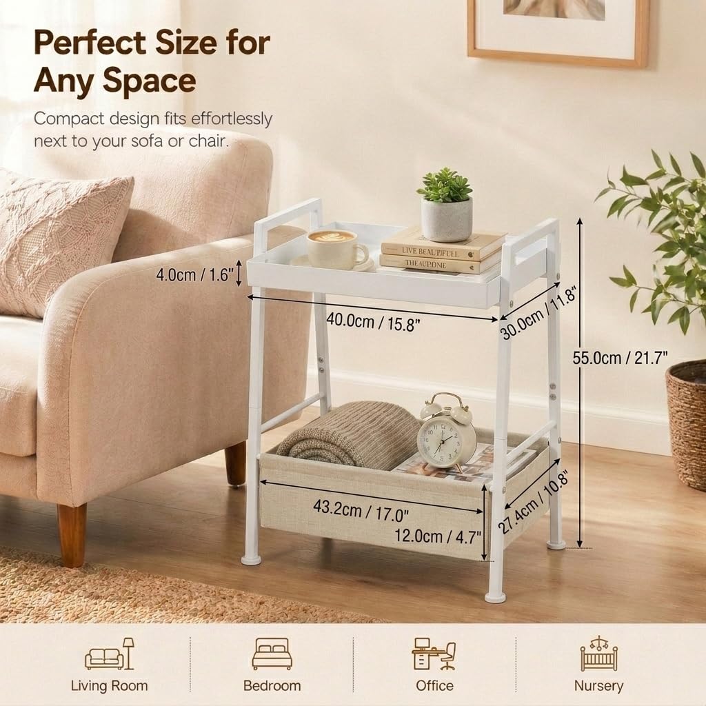 ZEXVIDA Small End Table with Fabric Storage Basket, 2-Tier Modern Metal Side Table with Tray Top