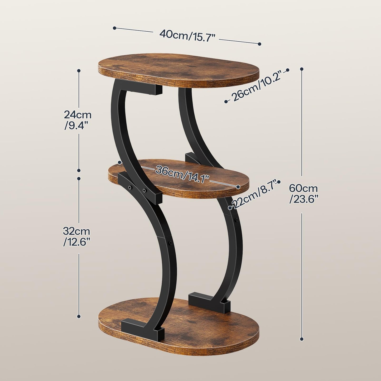 HOOBRO 3-Tier Side Table, Small Table with Storage Shelf, Oval Sofa Table for Small Space, Slim Bedside Table Round Corner Table for Living Room