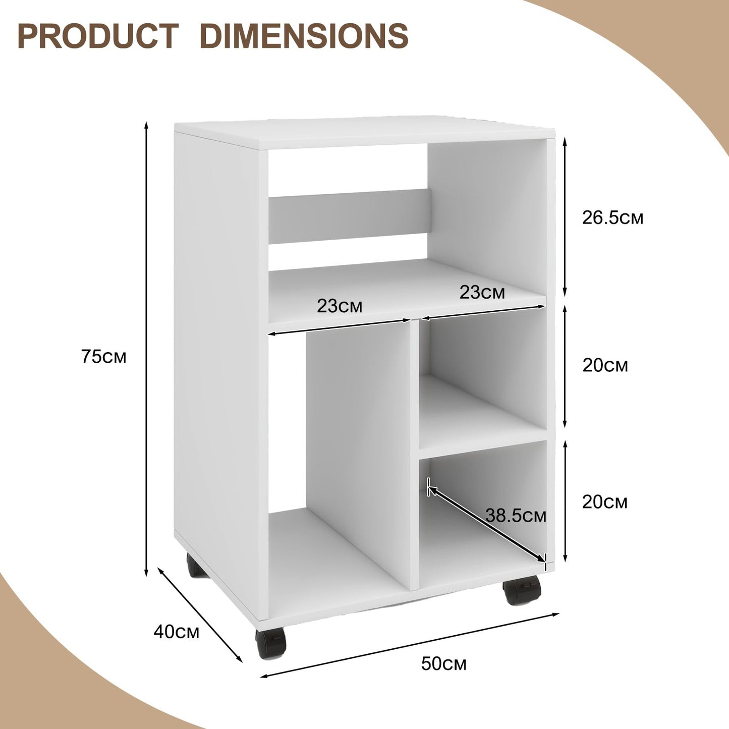 PUNCIA 50x40x75cm Mobile Filing Cabinet with 4 Open Compartments White