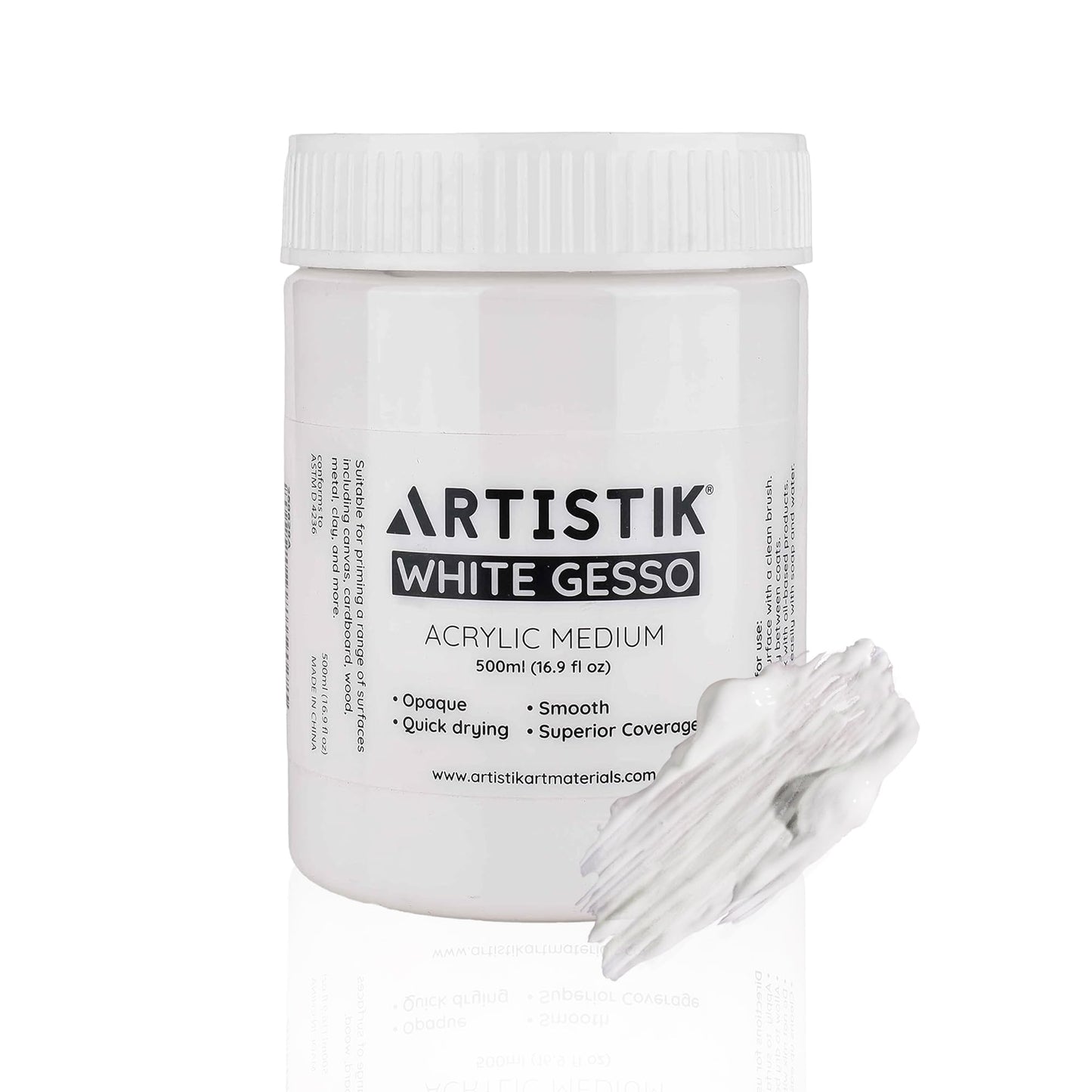 ARTISTIK White Gesso Acrylic Medium ? 500 ml Professional-Grade Surface Prep Paint & Liquid Primer for Wood, Canvas, Paper, Cardboard, and Various Art