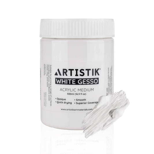 ARTISTIK White Gesso Acrylic Medium ? 500 ml Professional-Grade Surface Prep Paint & Liquid Primer for Wood, Canvas, Paper, Cardboard, and Various Art