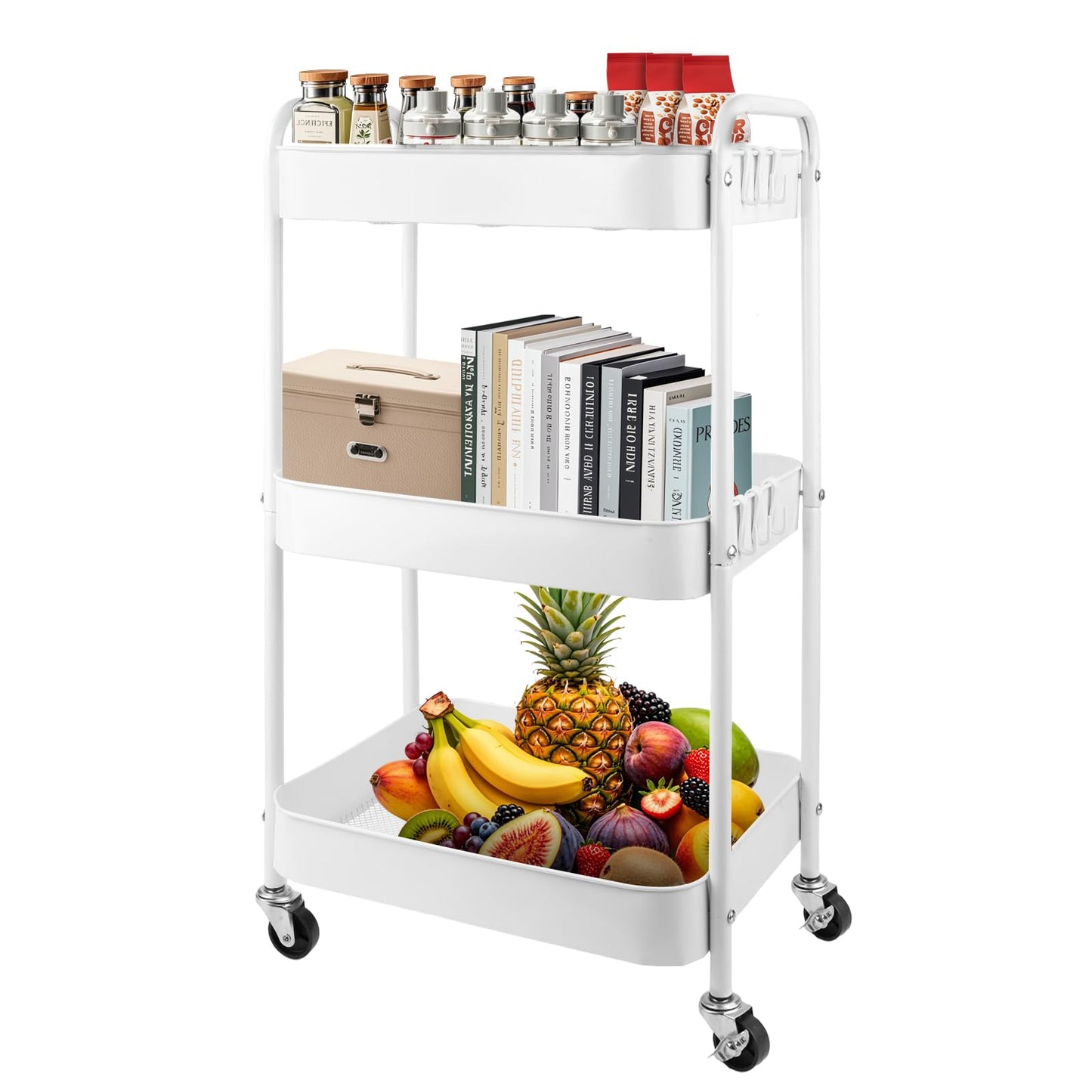 Viuxule Storage Cart, 3 Tier Metal Trolley Cart with Wheels, White Rolling Utility Cart for Kitchen, Bathroom, Office, Bedroom