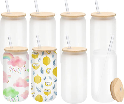 LATERN 8Pcs Sublimation Glass Cans, 520ml Frosted Sublimation Beer Can Borosilicate Glasses Tumbler Mason Jar Mug Cups with Bamboo Lids & Reusable