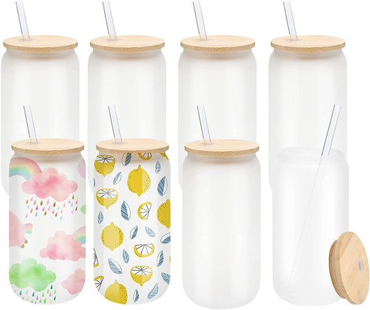LATERN 8Pcs Sublimation Glass Cans, 520ml Frosted Sublimation Beer Can Borosilicate Glasses Tumbler Mason Jar Mug Cups with Bamboo Lids & Reusable