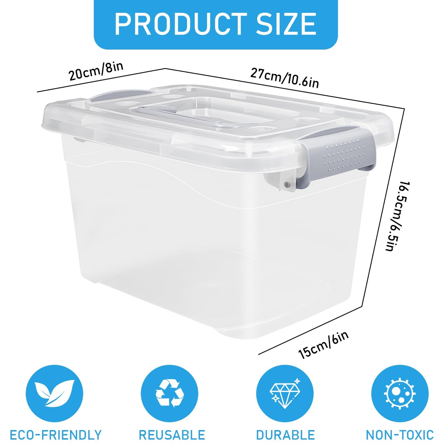 ASMIZ 6 Pack 10L Plastic Storage Box with Lid, Clear Storage Organizer Bins with Latching Handle, 27 x 20 x 16.5 cm Stackable Storage Boxes