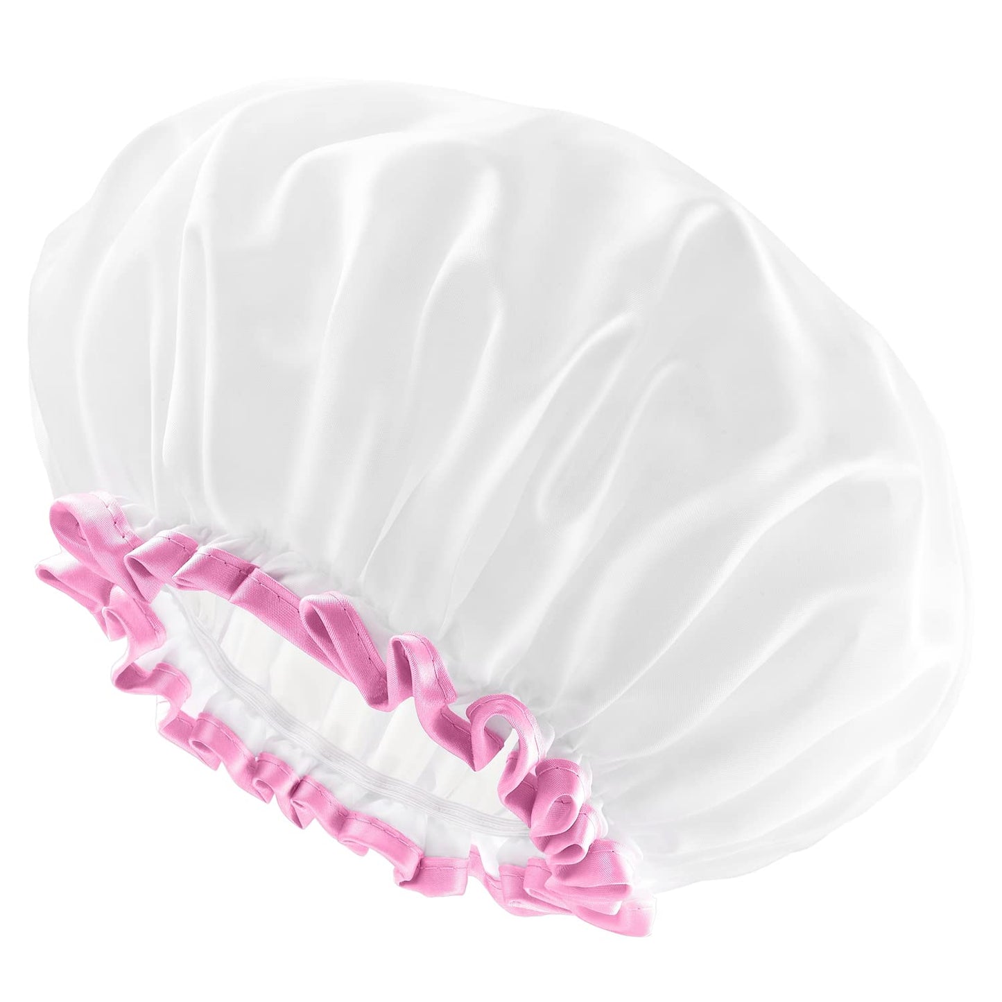 mikimini White Shower Cap Waterproof Reusable, Double Layers Bathing Hair Cap with Soft Comfortable PEVA Lining, Cute, Non-fading & Stretchy Shower