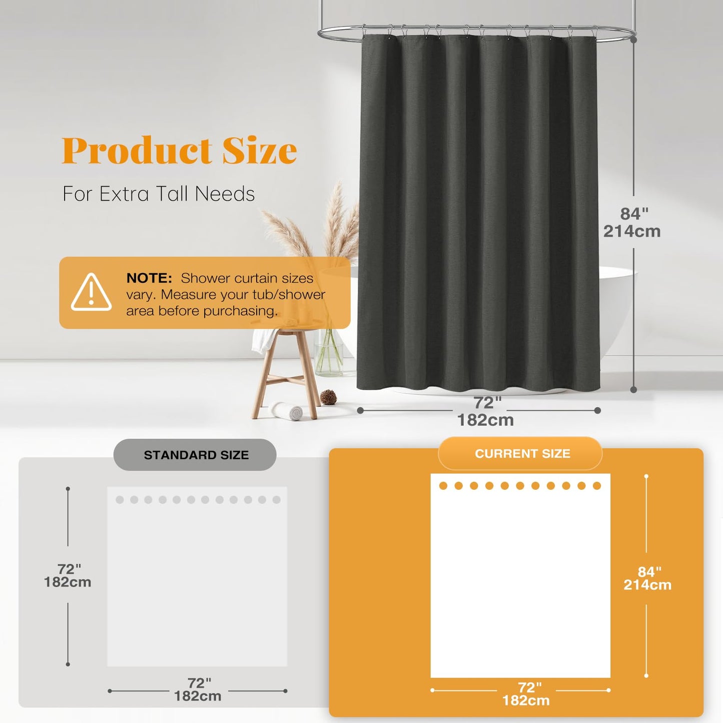BTTN Extra Long Linen Look Shower Curtain, 182x214cm, Charcoal Grey