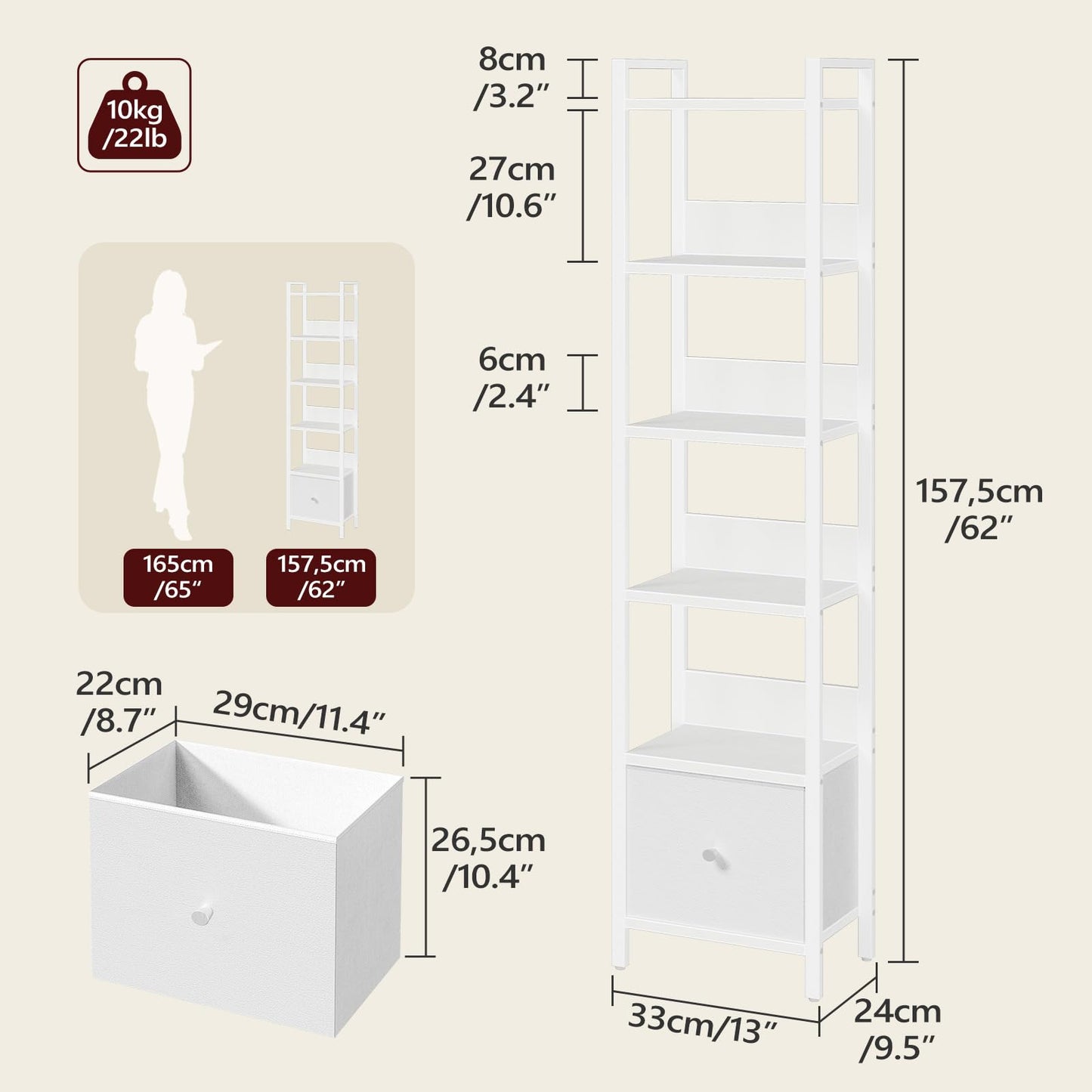 MAHANCRIS Bookshelf, 6-Tier Bookcase with Removable Drawer, Freestanding Book Shelf for Small Space, Storage Shelf Organizer, for Living Room