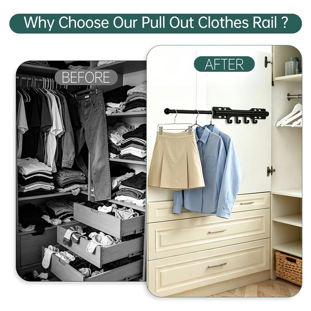 Pull out Clothes Rail, Adjustable Clothes Rail Pole with 4 Hooks, Heavy Duty Stainless Steel Extendable Wardrobe Rail for Closet, Laundry Room