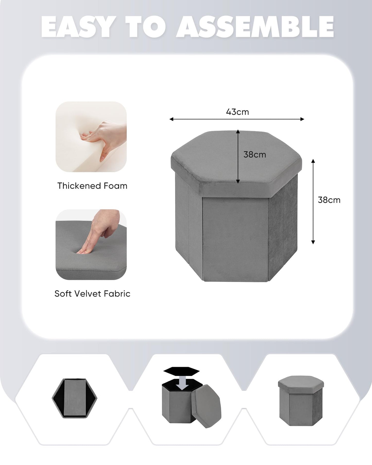 Bonlife Folding Storage Ottoman Hexagonal, Footrest with Toy Ches Box, 43cm