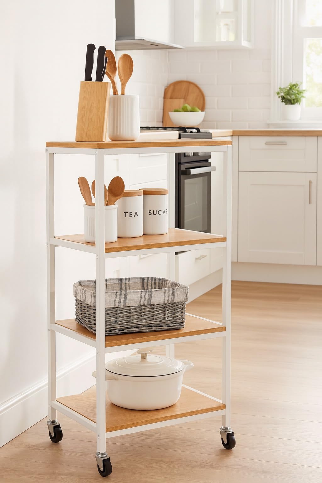 A ASPECT 4 Tiers Storage Trolley On Wheels With Wooden Shelves,Natural/White