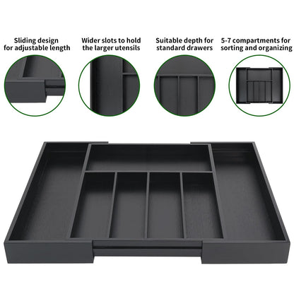 VaeFae Bamboo Drawer Organizer, Expandable Silverware Drawer Dividers and Cutlery Tray for Kitchen Utensils and Flatware (Black)