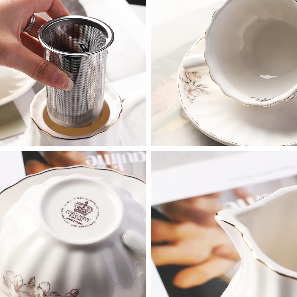 Sweejar Home Porcelain Tea Set Royal Family 225 ml to Cups and Saucers with Teapot Sugar Bowl Milk Jug Ceramic Tea and Coffee Cups (Rose Flower)