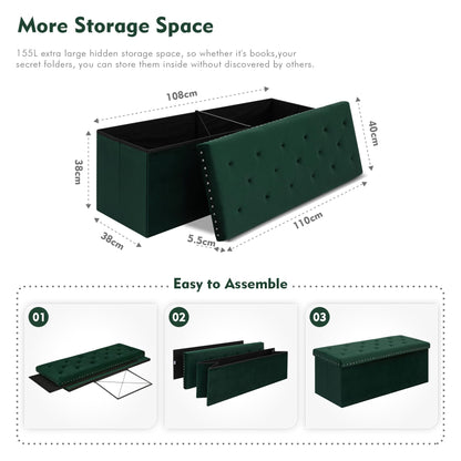 Bonlife Folding Ottoman Bench Seat with Storage,Extra Large End of Bed Storage with Lids,Velvet Footstool for Living Room,Dark Green,110x40x40cm