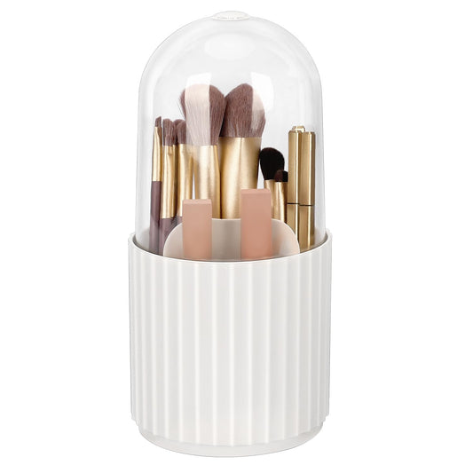 JessLab Makeup Brush Holder Organizer with Lid, 360 Degree Rotatable Spinning Cosmetics Holder Display for Bathroom Vanity Countertop, White