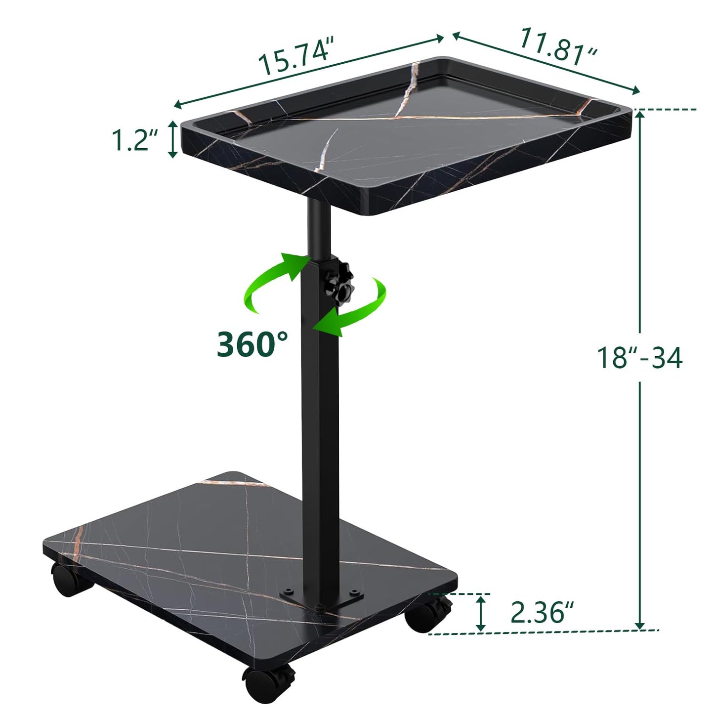 YYW Adjustable C Shaped Side Table with Wheels, 360° Swivel Sofa Table