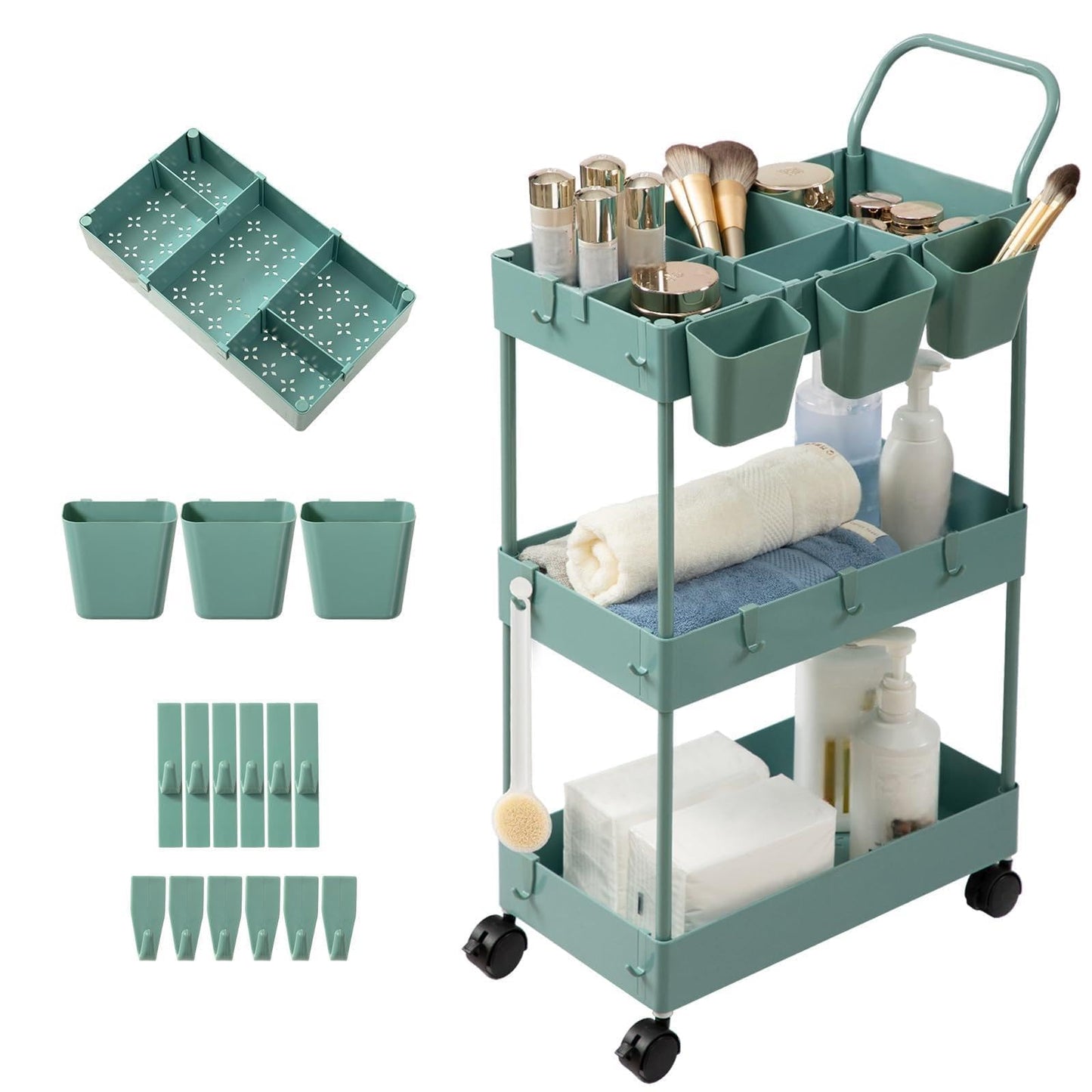 danpinera Storage Cart on Wheels, 3 Tier Slim Laundry with Wheels Bathroom Organizer with Hanging Cups Hooks Dividers Handle Mobile Rolling Art Cart