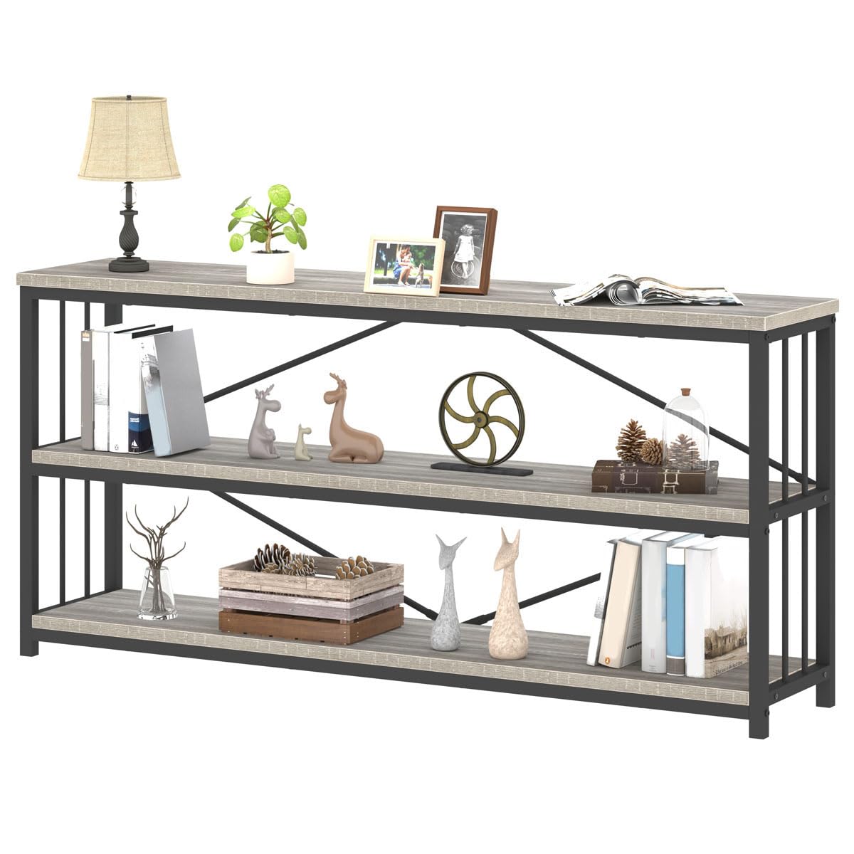 IBF Low Long Horizontal Bookshelf, Industrial Modern 3 Tier Etagere Bookcase, Large Wide Open Rustic Metal and Wood Grey Book Shelf for Bedroom